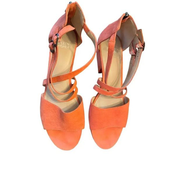 Eileen Fisher Orange Suede Strappy Block Heel Sandals Zip Back Women Size 10 - Picture 7 of 7